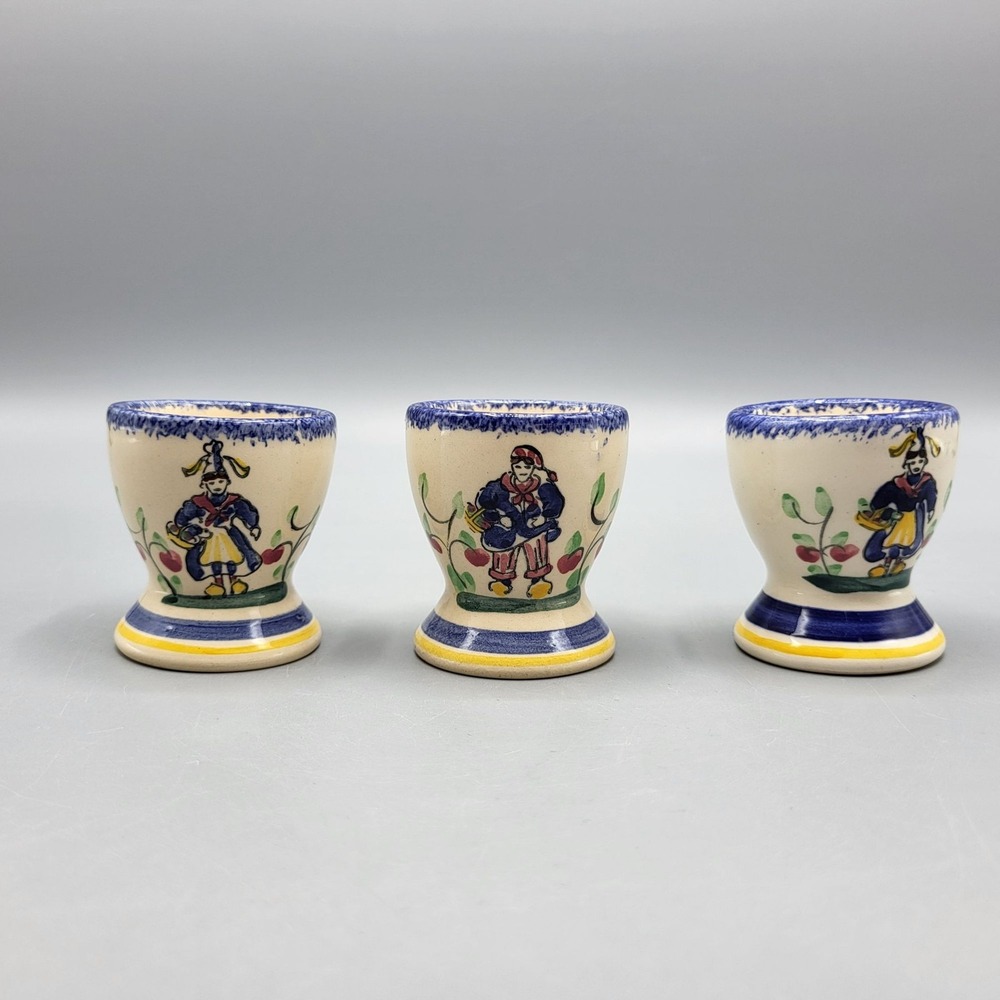 Vintage Set Of 3 Hand Painted Ceramic Egg Cups Folk Art Design Country Kitchen